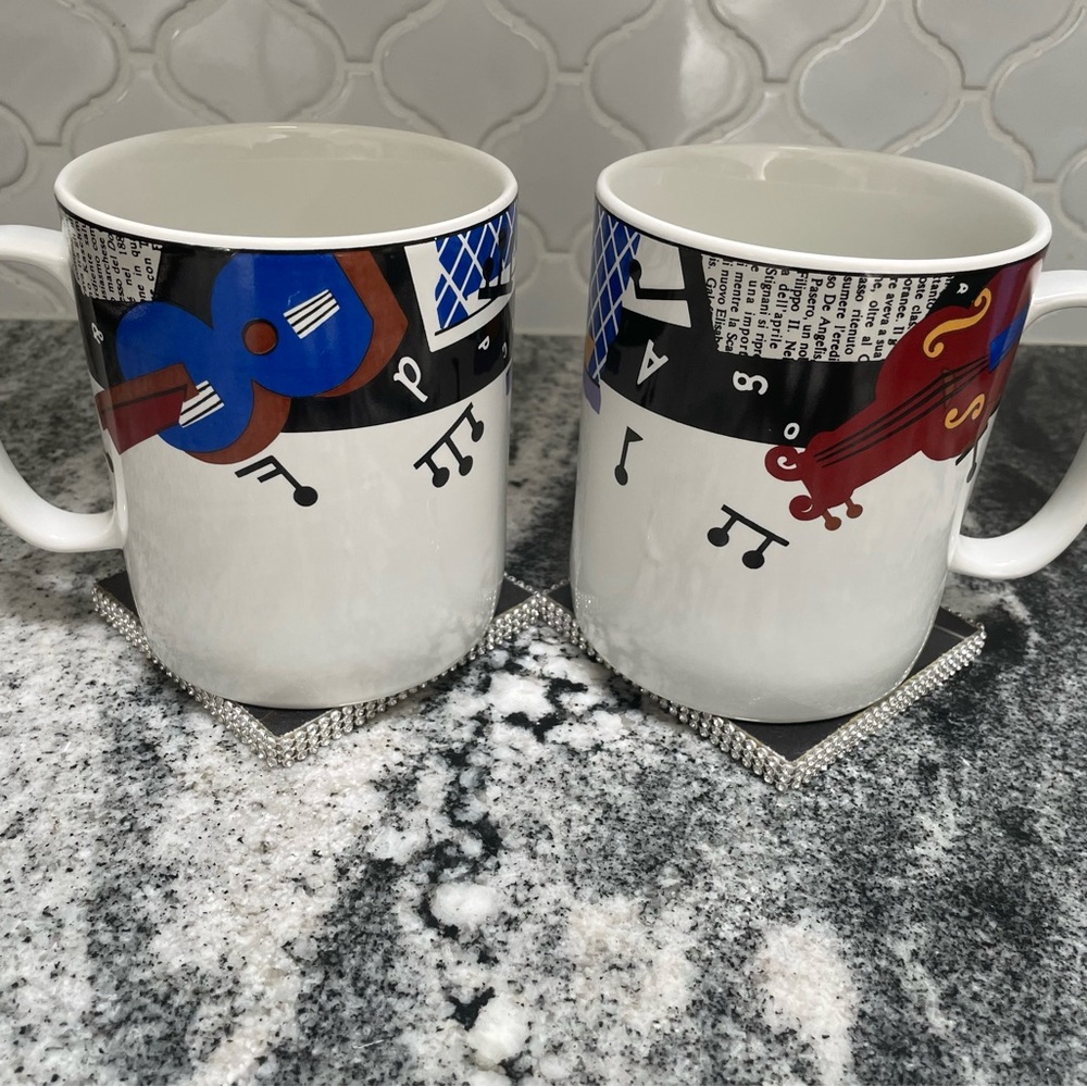 Sakura White and Blue Musical Note Mugs Cups Set of 2 New
